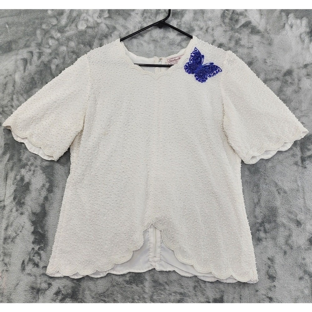 Vintage 80s Creative Touch Top‎ Womens M White Blue Beaded Butterfly Scalloped